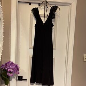 Y2K Halterneck Lace-Trimmed Black Jersey Midi Dress - Small